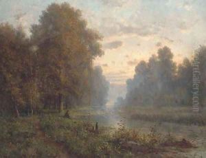 Angling at dusk by Charles-Felix-Edouard Deshayes