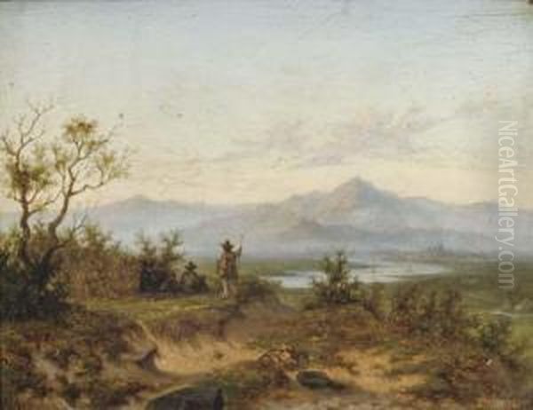 Artists Working In A Mountainous River Landscape - view 1