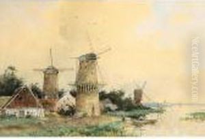 A River Landscape With Windmills
