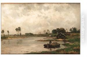 A River Landscape With A Peasant On A Barge by Willem Cornelis Rip