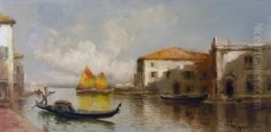 Canal Scene With Gondolier by Virgilio Ripari