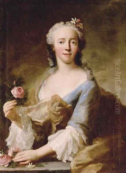 Portrait of a lady, half-length, in a blue dress with white lace sleeves and trimming, holding a pink rose in each hand, with flowers in her hair - view 1