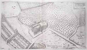 Chateau de Vallery with gardens park and part of the vineyard by J. Androuet (du Cerceau) Ducerceau