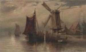 Dutch Harbor With Windmill by William Frederick Ritschel