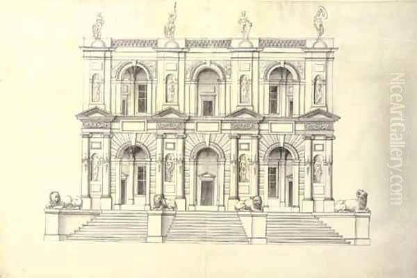 A portico of two stories in the Ionic Order above a flight of steps - view 1