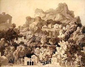 Rocky landscape with classical buildings by James Deacon