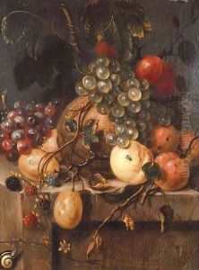 Bunches of grapes, raspberries, plums, a melon, peaches and apricots with a snail on a ledge