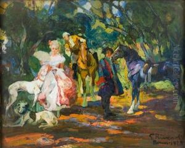 Dama Con Ventaglio E Uomini A Cavallo Nel Bosco - view 1