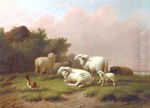 Sheep in a meadow at sunset by Joseph Van Dieghem
