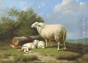 Sheep with her lambs by Joseph Van Dieghem