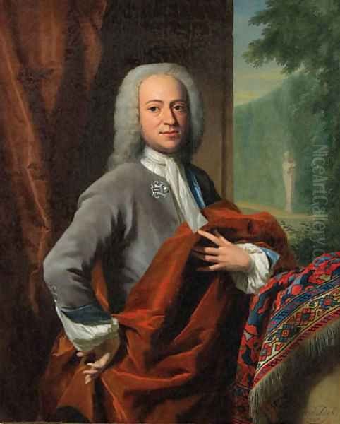 Portrait of a Gentleman, small three-quarter-length, in a grey coat, holding an orange cloak, resting his left arm on a Turkish rug - view 1