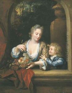 A mother and child with a basket of fruit at a casement
