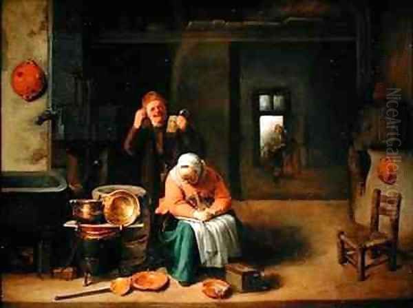 Kitchen Interior with a Man Drinking and a Woman Spinning Wool - view 1