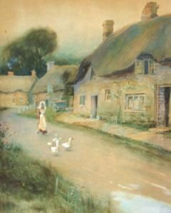 Village Street Scene With Girl And Geese; Watercolour, Signed And Dated 1892, 38x32cm