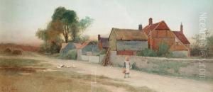 A Young Girl Walking Past A Farm by Leopold Rivers