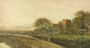 Sheep On A Trackpassing A Village At Sunset