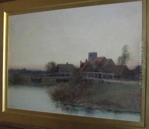 Children On A Bridge With A Church And Cottages By A Lock At Sunset, Signed, Watercolour by Leopold Rivers