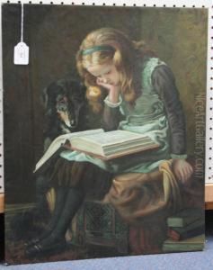 Girl Reading Beside A Dog by Briton Riviere