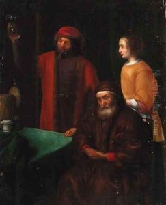 A doctor with an old man and his daughter in an interior by Abraham Van Dyck