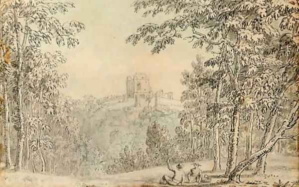 Figures resting before a ruined fortress - view 1