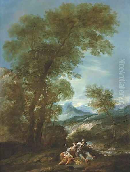 A mountainous river landscape with a shepherd and shepherdess - view 1