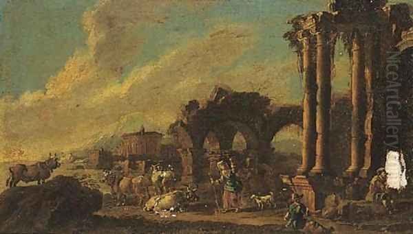 Shepherds and shepherdesses amongst classical ruins - view 1