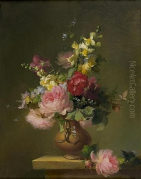 Bouquet De Roses Et Divers Fleurs Dans Un Vase Pose Sur Unentablement - view 1