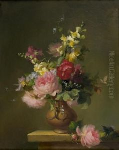 Bouquet De Roses Et Divers Fleurs Dans Un Vase Pose Sur Unentablement