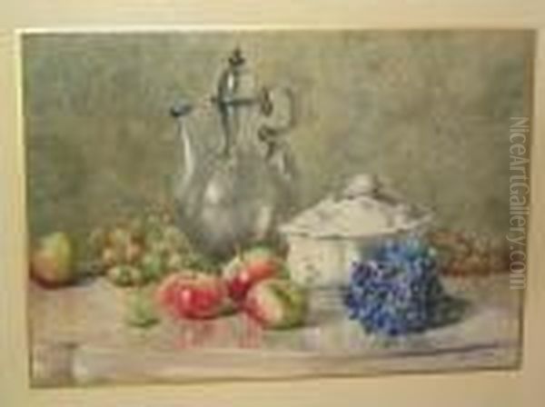 Still Life Of Apples, Grapes, Silver Water Pot And Porcelain Dish On A Table Top - view 1