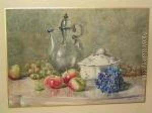 Still Life Of Apples, Grapes, Silver Water Pot And Porcelain Dish On A Table Top