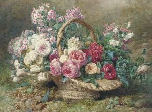 A Basket Of Roses And Hydrangeas On A Mossy Bank by Francois Rivoire