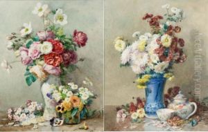 Still Life Of Roses; Still Life Of Chrysanthemums