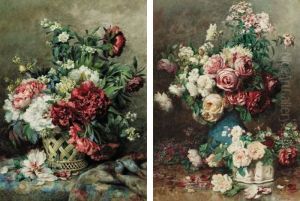 A Vase Of Roses; And A Basket Of Flowers