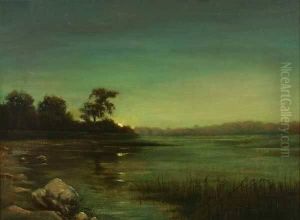 "moonrise Over Clear Lake" Titled On Verso S L/r: Julian Rix O/c 21 X 28.5