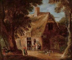 A wooded landscape with boors drinking by a cottage by Joos Cornelisz. Droochsloot