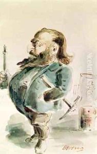 Caricature of Gustave Courbet 1819-77 holding the Colonne de Vendome by Dupendant