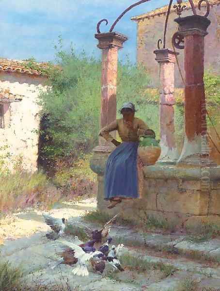 Feeding pigeons at the well - view 1