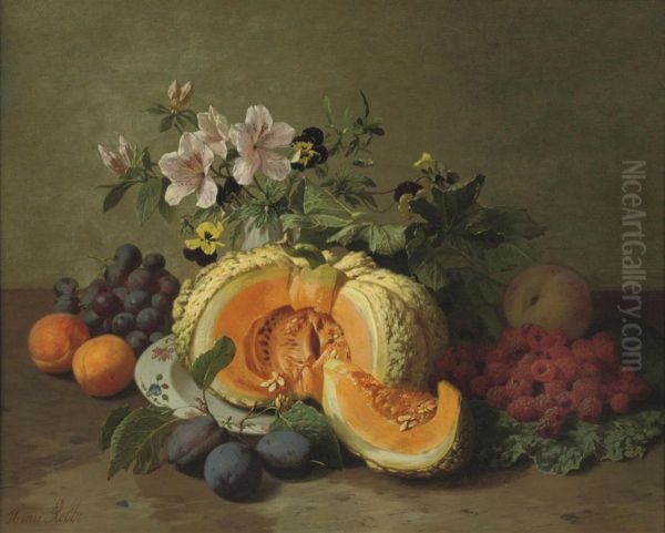 Pumpkin, Grapes, Peaches, Plums, Raspberries And Flowers - view 1