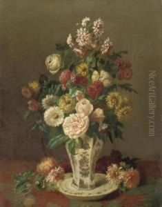 A Mixed Bouquet With Chrysanthemums And Roses by Henri Robbe