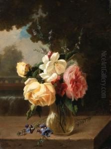 A Vase Of Flowers On A Stone Ledge By A Waterfall A Vase Of Flowers On A Stone Ledge By A Waterfall