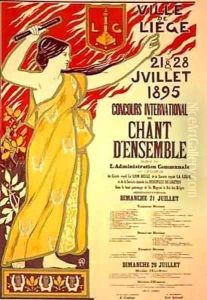 Reproduction of a poster advertising the Concours international de Chant densemble Liege Belgium by J.M. Donne