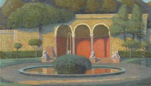 Sommerliche Parklandschaft Mit Rundbassin Und Loggia.