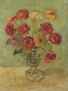 A still life with zinnias in a vase