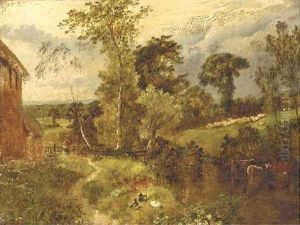 Cattle watering in a river landscape by John Henry Dell