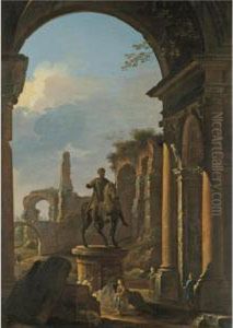 A Capriccio Of Roman Ruins With 
Figures By An Equestrian Statue Of Emperor Marcus Aurelius