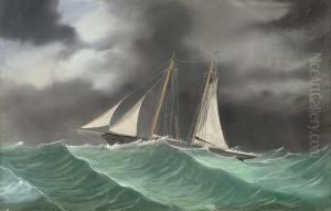 A Schooner Yacht, Under Reduced Sail, In A Lightning Storm At Sea by Luigi Roberto