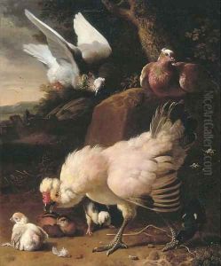 A chicken, chicks and pigeons on a fence, in a landscape by Melchior D'Hondecoeter