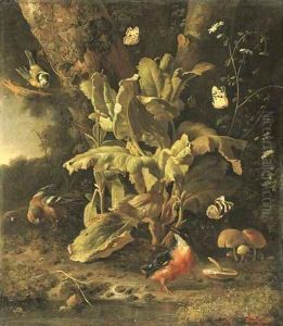 A forest floor still life with a blue tit by Melchior D'Hondecoeter