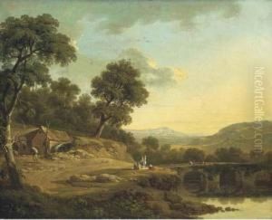 A Wooded River Landscape With Travellers On A Bridge by Thomas Roberts