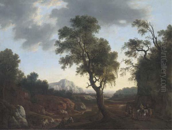 Figures By A Stream And Travellers On A Track In A Woodedlandscape - view 1